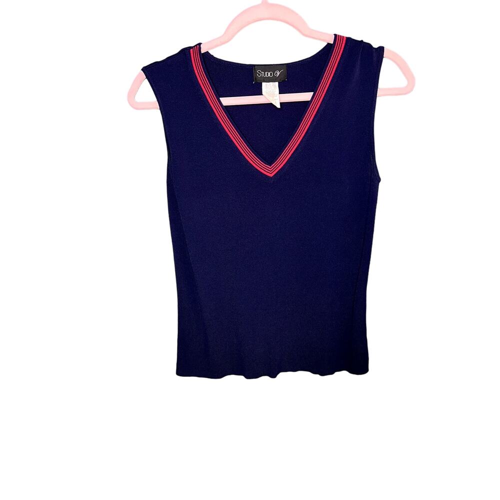 April V Sleeveless Navy and Red V-Neck Career Wear Preppy Size Small Stretchy